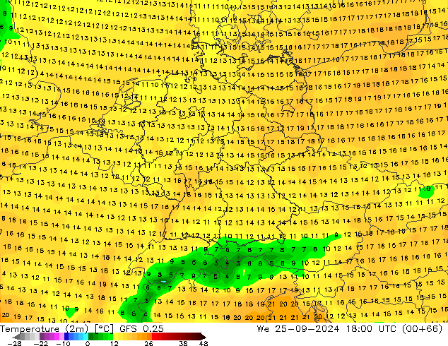 Temperatuurkaart (2m) GFS 0.25 wo 25.09.2024 18 UTC