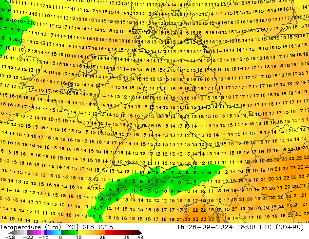 mapa temperatury (2m) GFS 0.25 czw. 26.09.2024 18 UTC