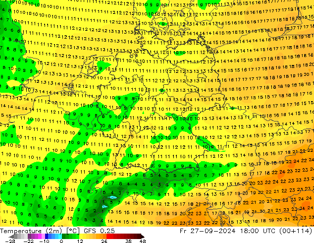 Temperature (2m) GFS 0.25 Fr 27.09.2024 18 UTC