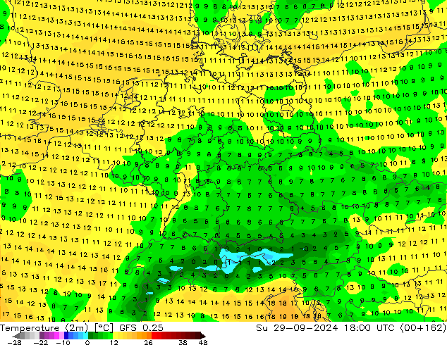 Temperatura (2m) GFS 0.25 dom 29.09.2024 18 UTC