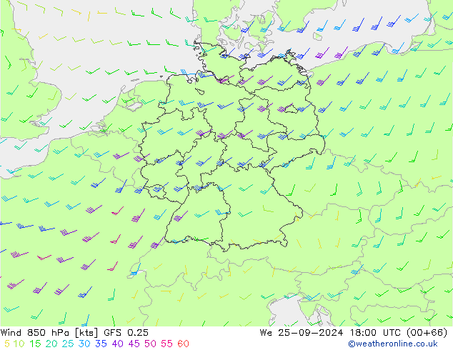 Wind 850 hPa GFS 0.25 We 25.09.2024 18 UTC