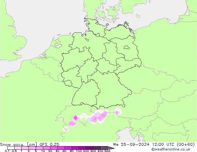 Snow accu. GFS 0.25  25.09.2024 12 UTC