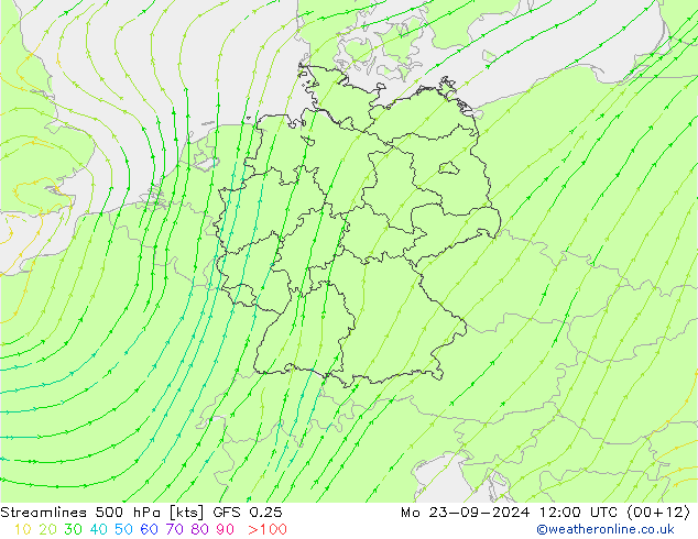 Stromlinien 500 hPa GFS 0.25 Mo 23.09.2024 12 UTC