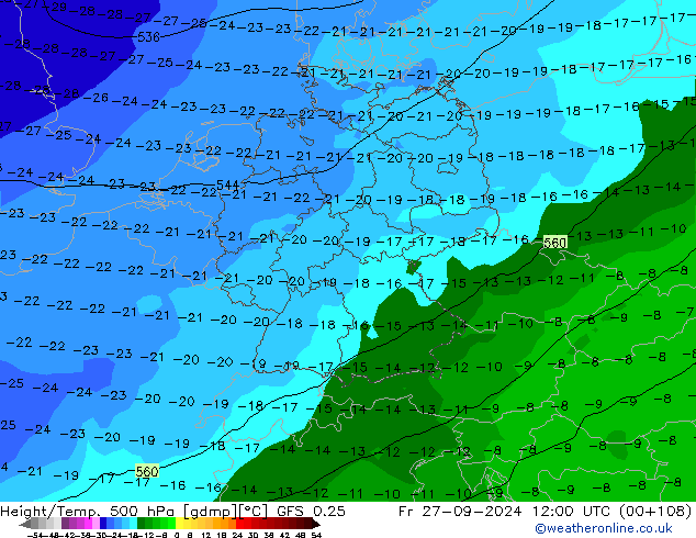 Z500/Rain (+SLP)/Z850 GFS 0.25 Fr 27.09.2024 12 UTC