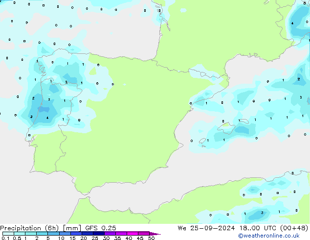 Z500/Rain (+SLP)/Z850 GFS 0.25 Qua 25.09.2024 00 UTC