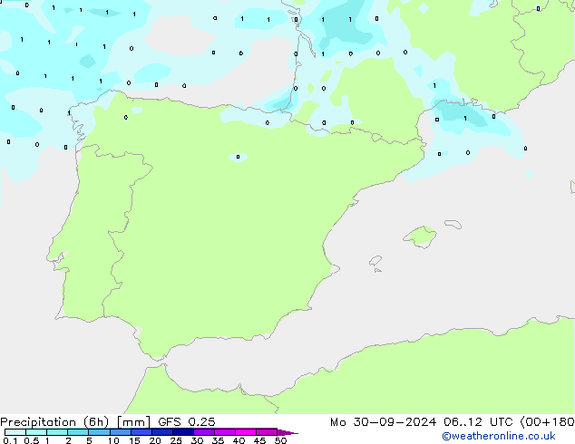 Nied. akkumuliert (6Std) GFS 0.25 Mo 30.09.2024 12 UTC