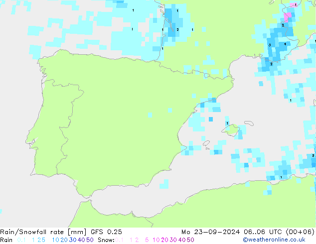 Rain/Snowfall rate GFS 0.25 pon. 23.09.2024 06 UTC