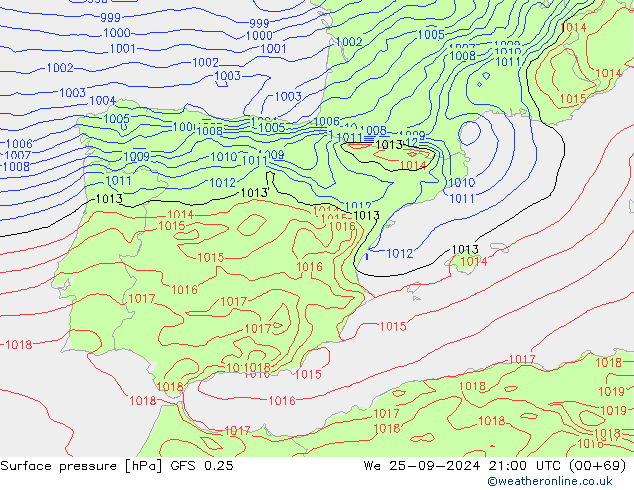 Surface pressure GFS 0.25 We 25.09.2024 21 UTC