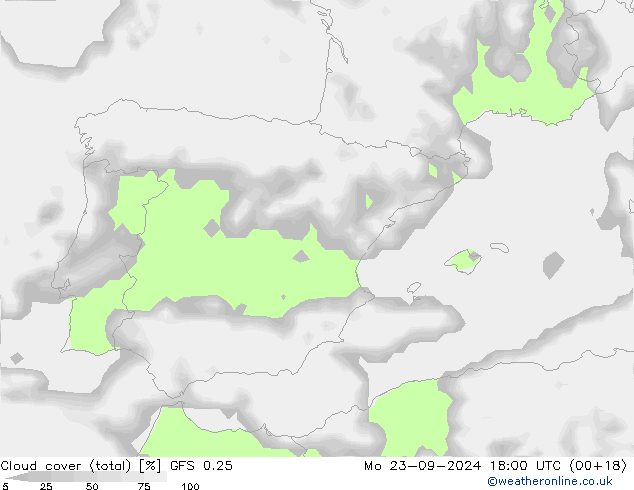 Bulutlar (toplam) GFS 0.25 Pzt 23.09.2024 18 UTC