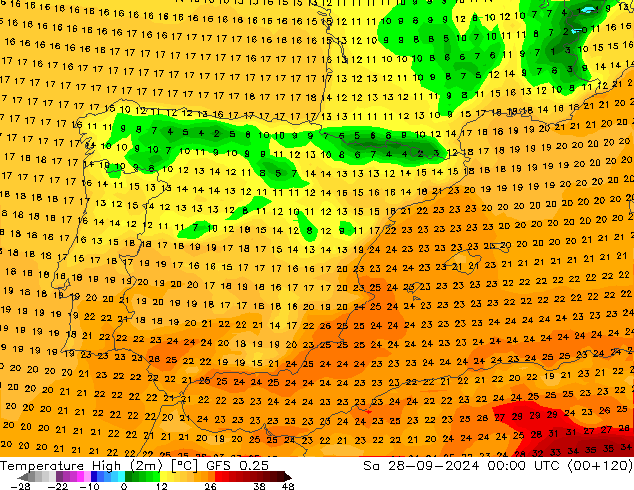 Nejvyšší teplota (2m) GFS 0.25 So 28.09.2024 00 UTC