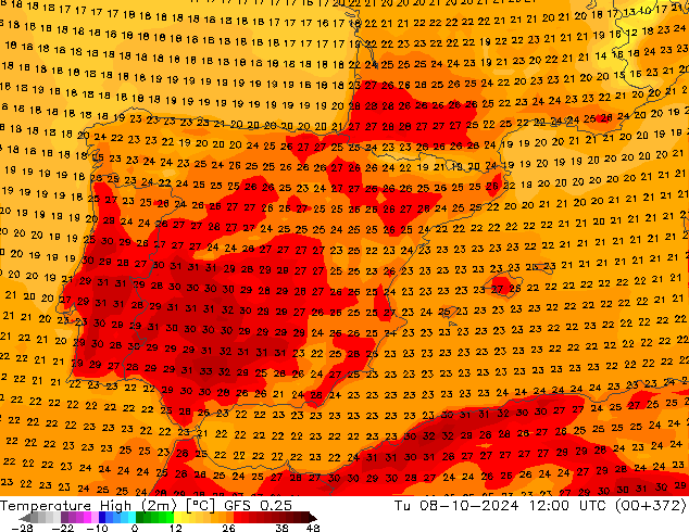 température 2m max GFS 0.25 mar 08.10.2024 12 UTC