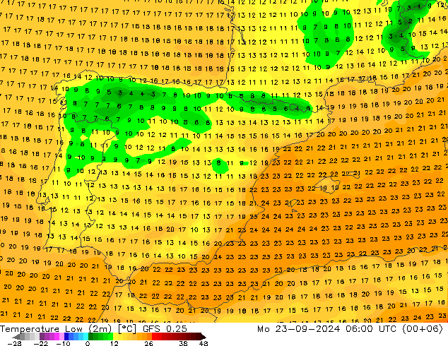 Temp. minima (2m) GFS 0.25 lun 23.09.2024 06 UTC