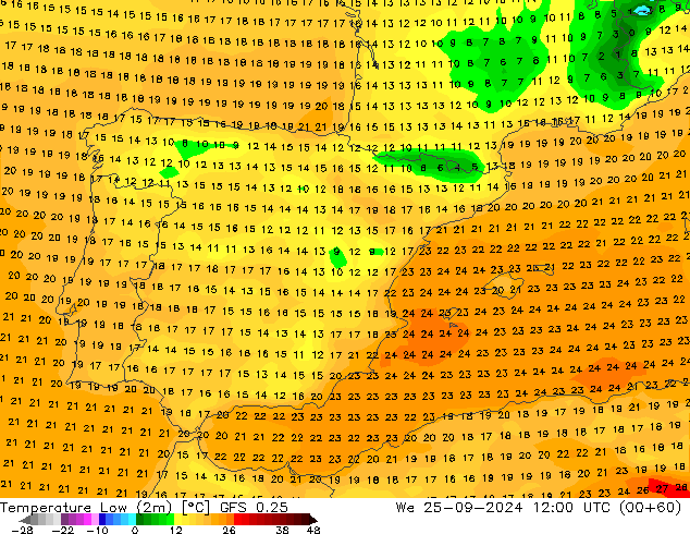 Temperature Low (2m) GFS 0.25 We 25.09.2024 12 UTC