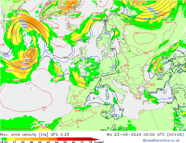 Max. wind velocity GFS 0.25 Seg 23.09.2024 06 UTC