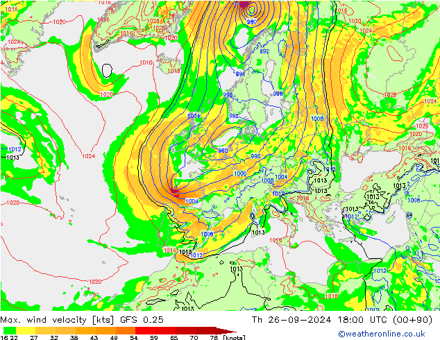 Max. wind snelheid GFS 0.25 do 26.09.2024 18 UTC