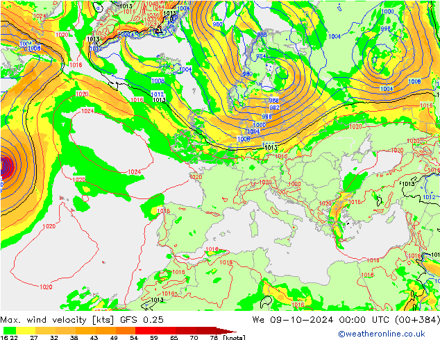 Max. wind velocity GFS 0.25 śro. 09.10.2024 00 UTC