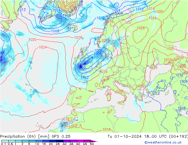 Z500/Rain (+SLP)/Z850 GFS 0.25 Di 01.10.2024 00 UTC