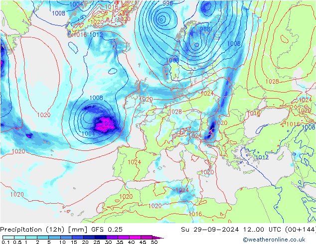 Precipitation (12h) GFS 0.25 Su 29.09.2024 00 UTC