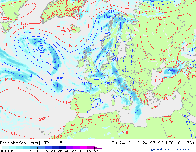 Precipitation GFS 0.25 Tu 24.09.2024 06 UTC