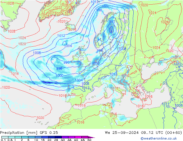 Precipitazione GFS 0.25 mer 25.09.2024 12 UTC