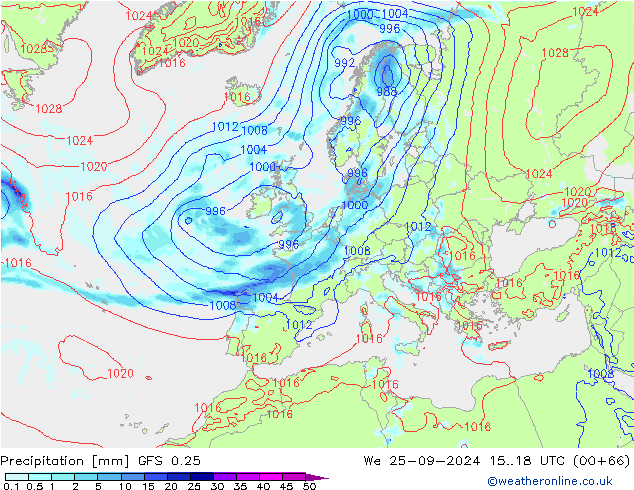 Precipitazione GFS 0.25 mer 25.09.2024 18 UTC