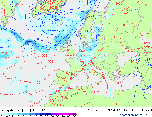 Srážky GFS 0.25 St 02.10.2024 12 UTC