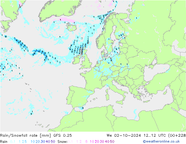 Rain/Snowfall rate GFS 0.25 We 02.10.2024 12 UTC