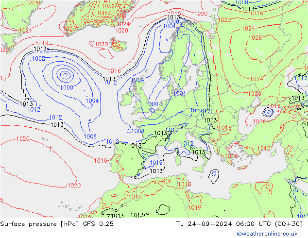 Surface pressure GFS 0.25 Tu 24.09.2024 06 UTC