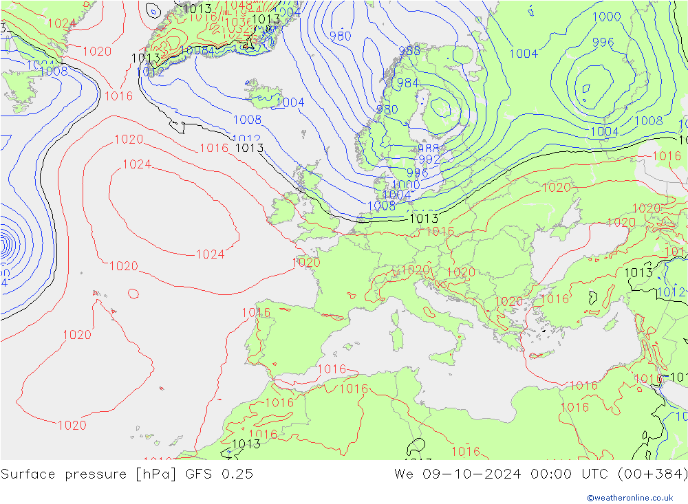 Bodendruck GFS 0.25 Mi 09.10.2024 00 UTC