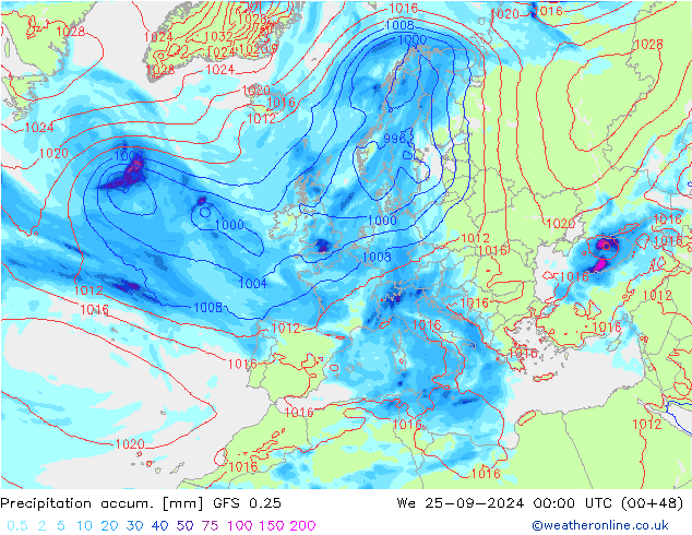 Precipitation accum. GFS 0.25 Qua 25.09.2024 00 UTC