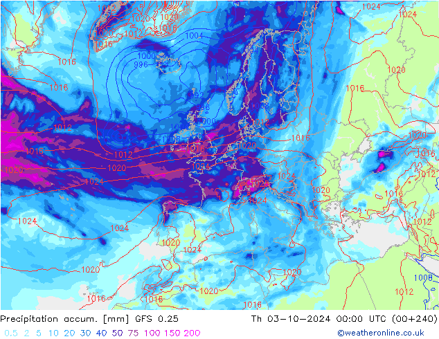 Precipitation accum. GFS 0.25 星期四 03.10.2024 00 UTC