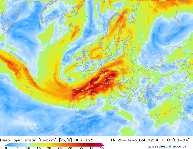 Deep layer shear (0-6km) GFS 0.25 Th 26.09.2024 12 UTC