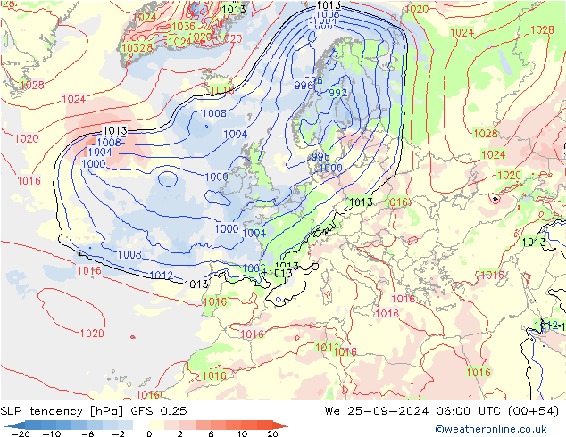 SLP tendency GFS 0.25 We 25.09.2024 06 UTC