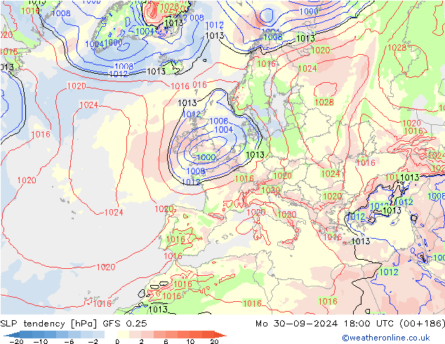 Druktendens (+/-) GFS 0.25 ma 30.09.2024 18 UTC