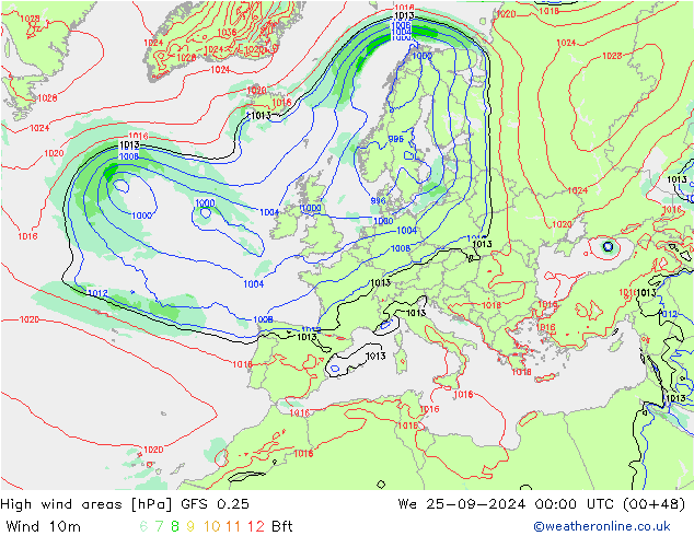 High wind areas GFS 0.25 mié 25.09.2024 00 UTC