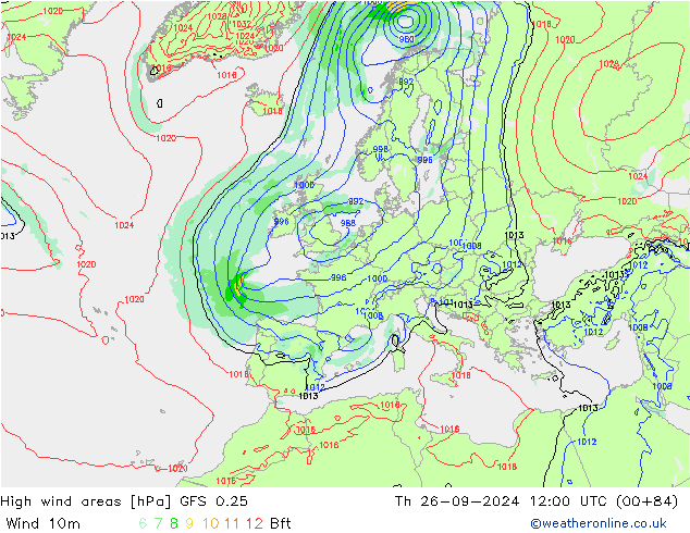 High wind areas GFS 0.25  26.09.2024 12 UTC