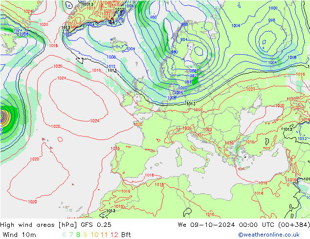 High wind areas GFS 0.25 mié 09.10.2024 00 UTC