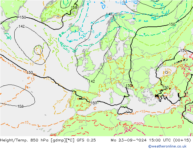 Z500/Yağmur (+YB)/Z850 GFS 0.25 Pzt 23.09.2024 15 UTC