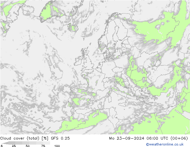 Cloud cover (total) GFS 0.25 Po 23.09.2024 06 UTC