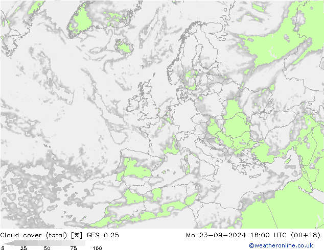 Cloud cover (total) GFS 0.25 Mo 23.09.2024 18 UTC