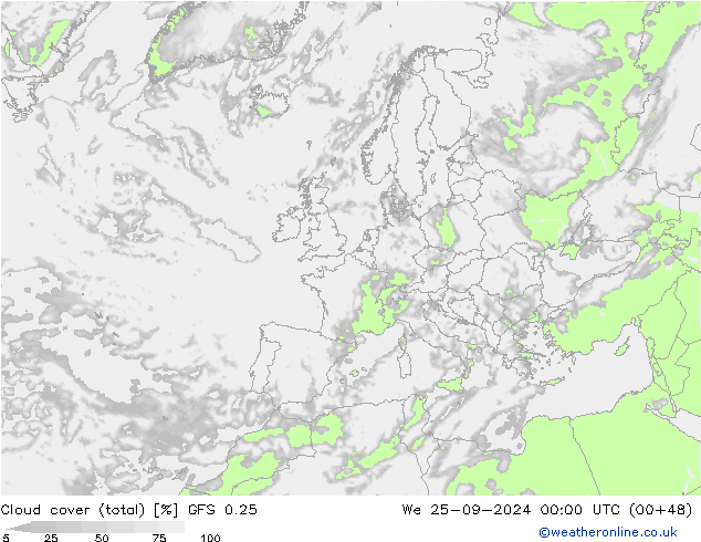 Bewolking (Totaal) GFS 0.25 wo 25.09.2024 00 UTC