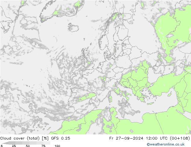 Bewolking (Totaal) GFS 0.25 vr 27.09.2024 12 UTC