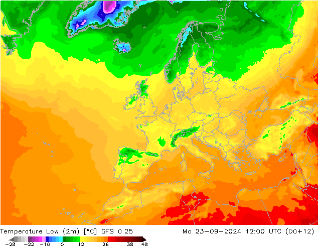 Tiefstwerte (2m) GFS 0.25 Mo 23.09.2024 12 UTC