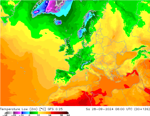 temperatura mín. (2m) GFS 0.25 Sáb 28.09.2024 06 UTC