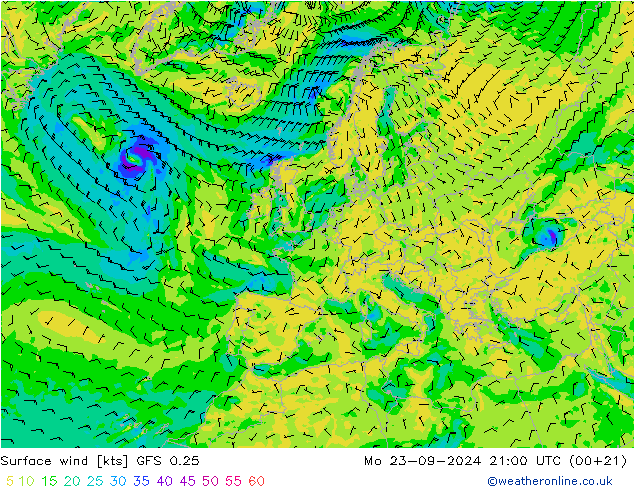 Wind 10 m GFS 0.25 ma 23.09.2024 21 UTC