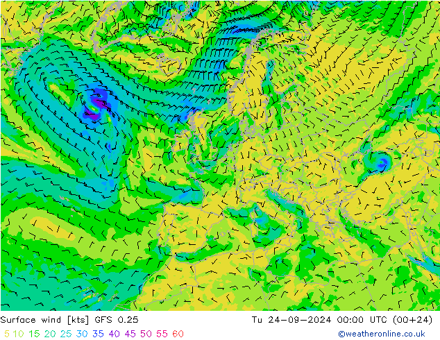 Wind 10 m GFS 0.25 di 24.09.2024 00 UTC