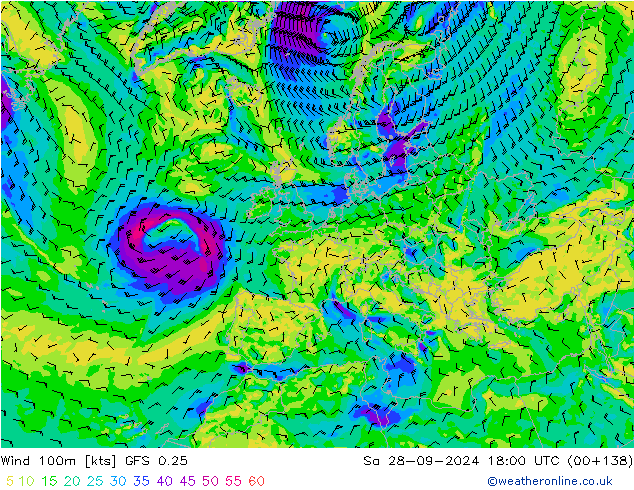 Vento 100m GFS 0.25 sab 28.09.2024 18 UTC