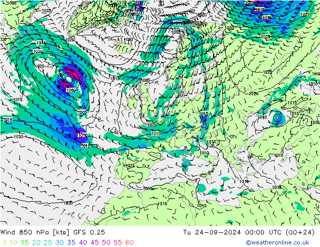 Wind 850 hPa GFS 0.25 Tu 24.09.2024 00 UTC