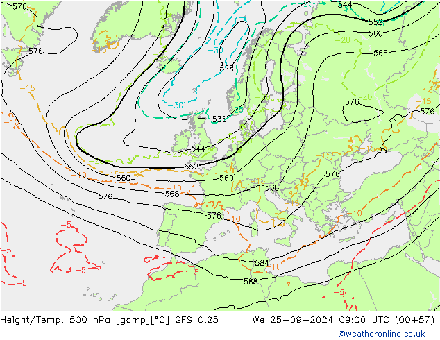 Z500/Rain (+SLP)/Z850 GFS 0.25 Qua 25.09.2024 09 UTC