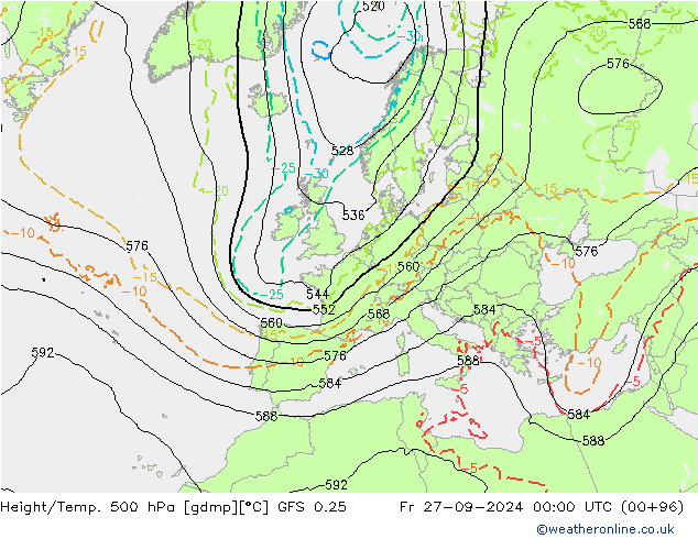 Z500/Rain (+SLP)/Z850 GFS 0.25 Pá 27.09.2024 00 UTC